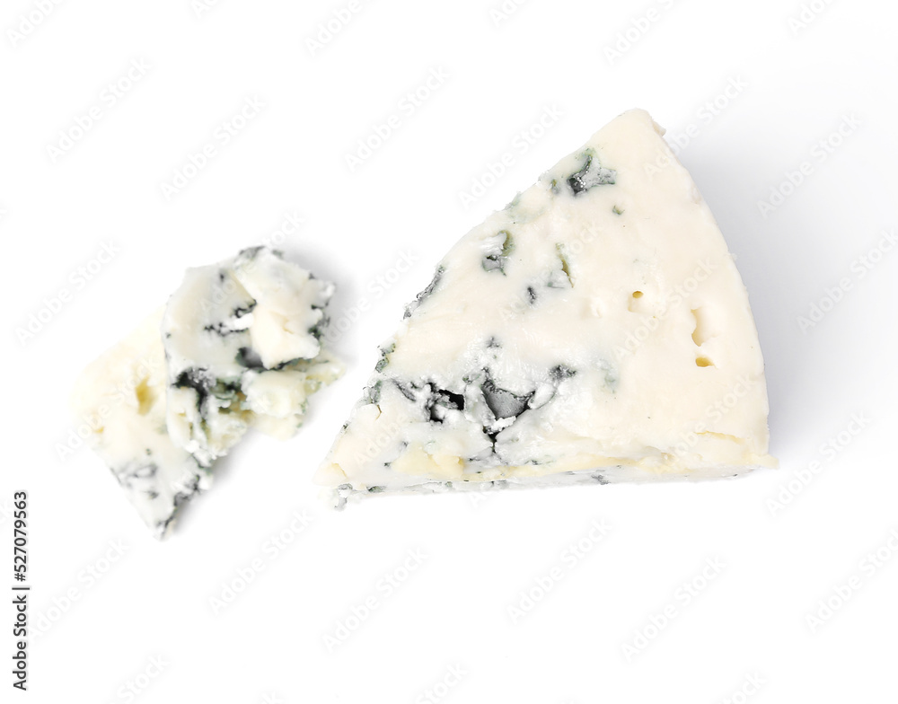 Sliced blue cheese on a white background