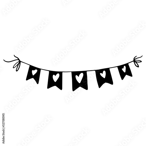 Doodle sketch of festive flags,garlands with hearts.Vector graphics.