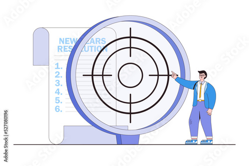 New years resolution, goal setting checklist, future mission, Creativity inspiration to improve and success concept. Businessman aiming list of business plan using sniper optical scope crosshair