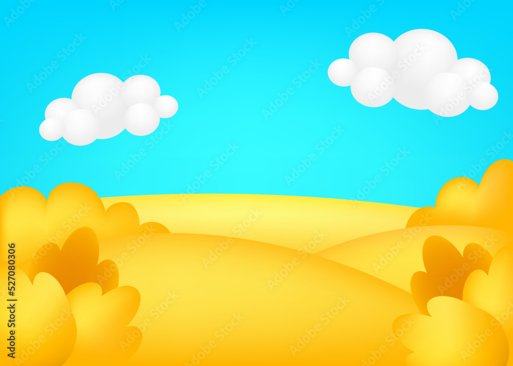 Meadow 3d vector illustration. Bright landscape of harvest valley, kids background. Colorful cute scenery with  autumn yellow field, trees, blue sky, clouds for children's sites.
