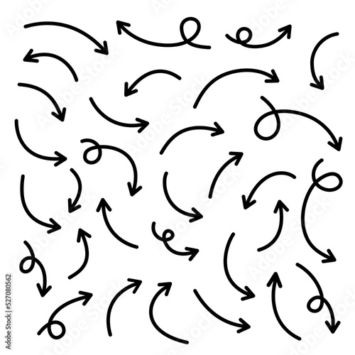 Thin curved sketch arrows collection. Vector hand drawn arrows with curls, pointing different directions