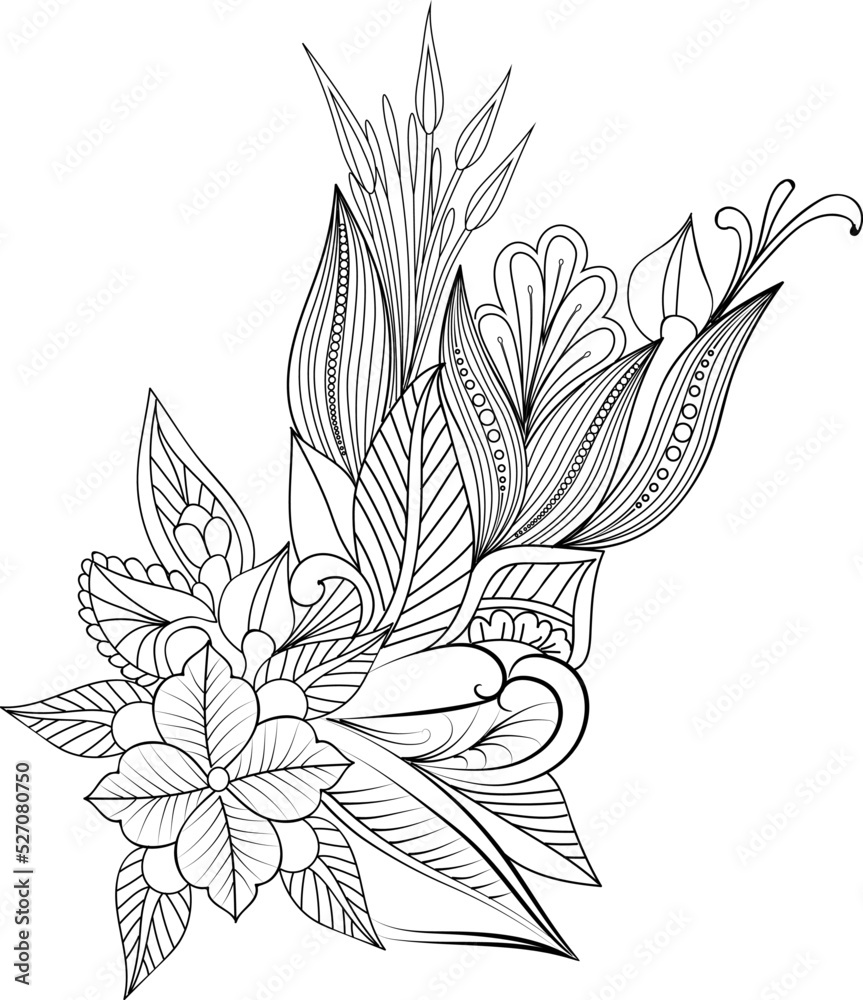 Bouquet floral coloring page ornamental zentangle leaf flower buds hand ...