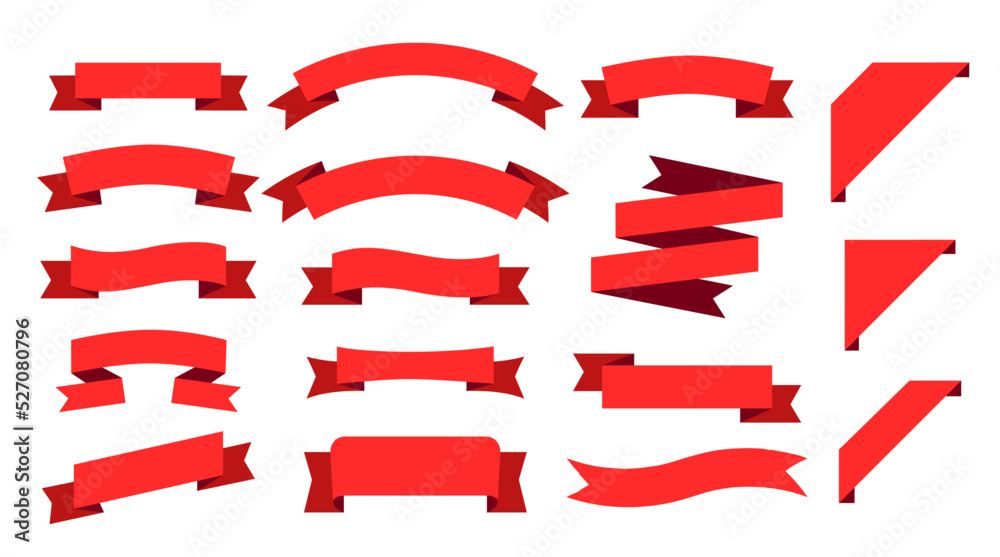 Wavy ribbon banners in retro style. Vector collection of different red tags and emblems