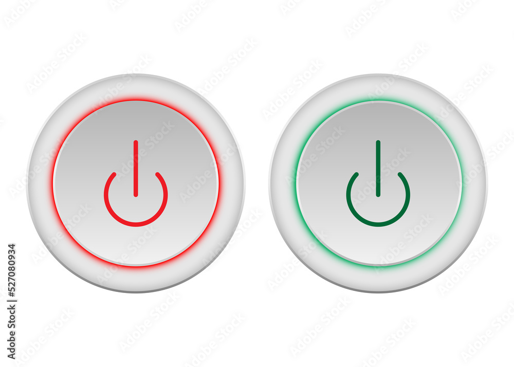 Round web button. Turning on and off. Green and red color. Isolated bell button sign with frame, reflection and shadow on background. Round web button. Turning on and off. Green and red color. Isolated bell button sign with frame, reflection and shadow on background.
