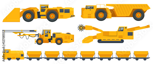 Isometric Quarry Mining Machines, Side View Mining Cart, Underground, Railway Wagon, Tunneling Drilling Rig, Underground Mining Truck and Self-Propelled Drilling Rig