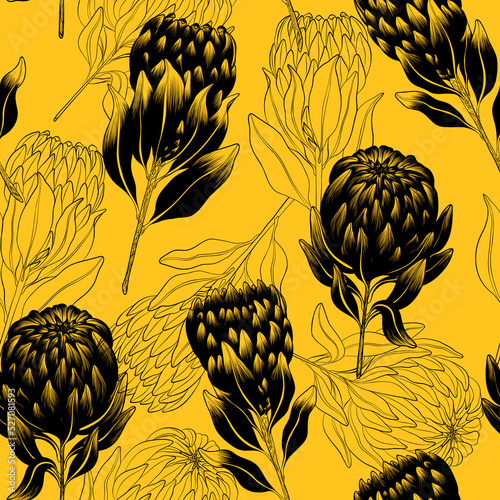 Dried proteus flowers. Graphic pattern on yellow background. Floral pattern.