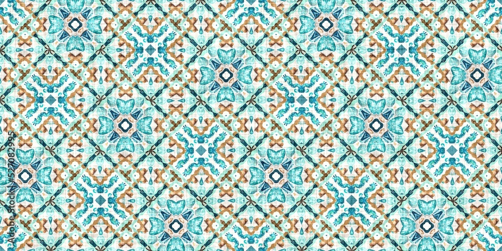 Fototapeta premium Teal beach house border in coastal style patchwork pattern. Modern nantucket summer printed edging time fabric. Banner ribbon in seamless repeat.