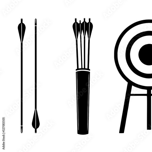 complete set of bow and arrow silhouette, archery vector icon