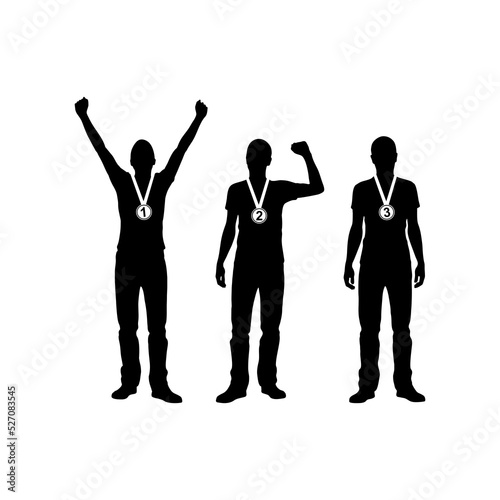 Editable vector silhouettes of three male athletes celebrating on a medal podium with each figure as a separate object