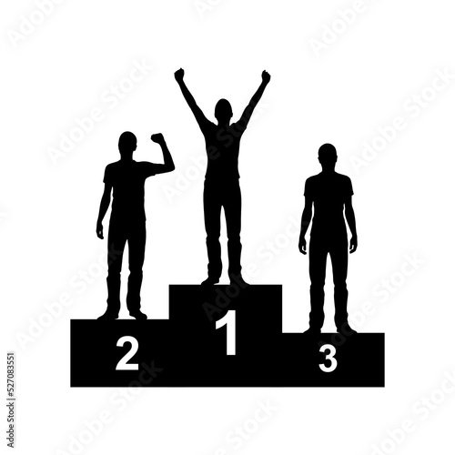 Editable vector silhouettes of three male athletes celebrating on a medal podium with each figure as a separate object