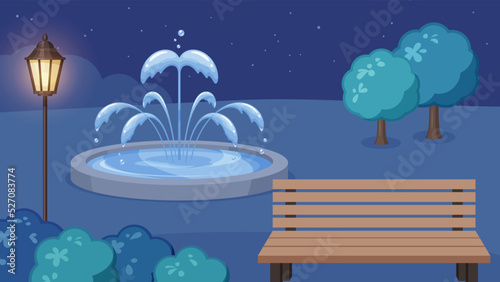 噴水とベンチがある公園の風景イラスト_夜_16:9