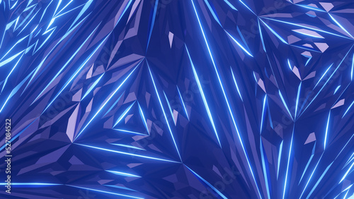 3d rendering image of illuminated geometric shapes in pattern looking like kaleidoscope.
