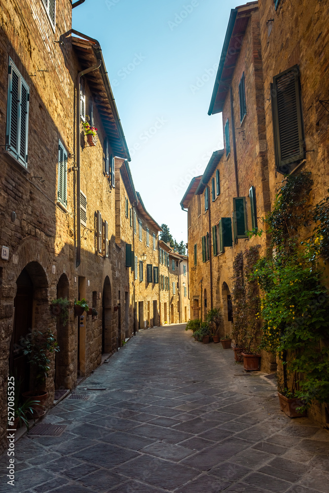 San Quirico d'Orcia, Italy, 16 April 2022:  View of the medieval town