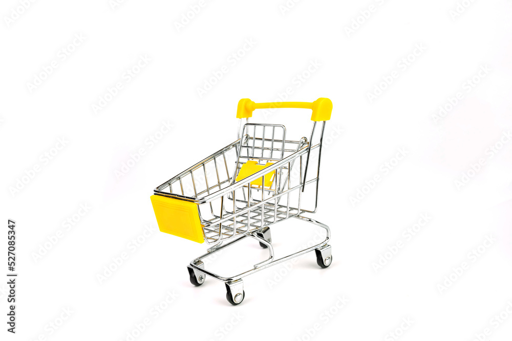Yellow supermarket cart isolated on  white background.