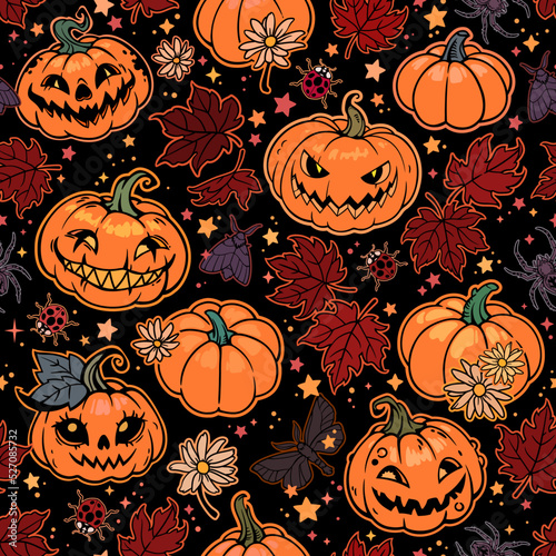 seamless halloween illustration of decorated pumpkins and maple leaves