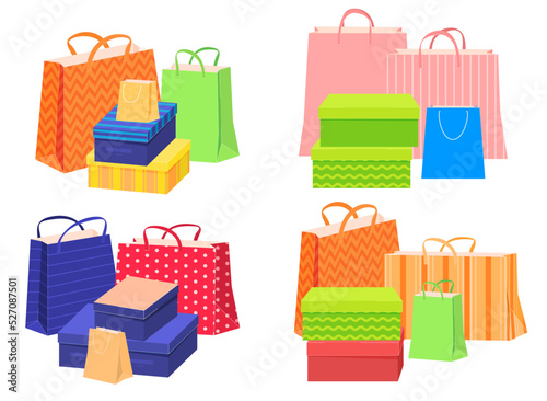 Set of bags and boxes for shopping. Internet shopping. A trip to the store. Vector illustration