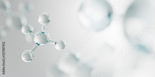 Realistic molecules background. Science illustration of a cream molecule. Hyaluronic acid skin solutions advertising, collagen serum drop with cosmetic advertising background. 3d rendering. photo