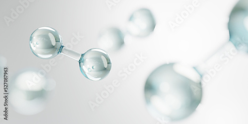 Realistic molecules background. Science illustration of a cream molecule. Hyaluronic acid skin solutions advertising, collagen serum drop with cosmetic advertising background. 3d rendering. © Chonpaphat