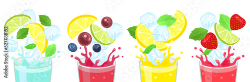 Splashing cocktails collection. Summer drink set. Vector cartoon illustration of sweet mojito, limoncello, lemonade, strawberry punch and sangria and ingredients. Chill summer alcoholic drink party.