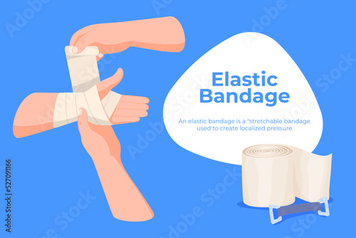 Elastic bandage. Help with hand injuries. Bandage of a person hand. Vector illustration