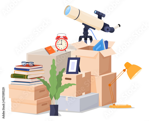Relocation. Cardboard boxes with things. Packing objects for transportation. Vector illustration