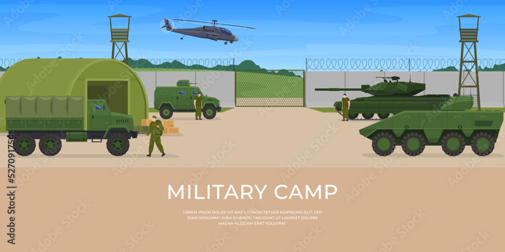 Obraz premium Military camp. Military armored vehicles and aviation equipment soldiers. Equipment for attack and defense of the country. Vector illustration on white background.