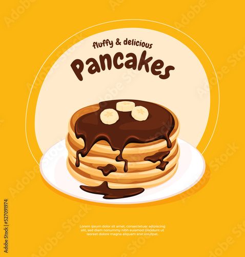 Banner Homemade Pancakes with Jams. A delicious hearty breakfast. Fried pancakes. Vector illustration