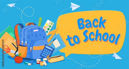 School supplies for learning. A backpack with items for study. Back to school. Vector illustration
