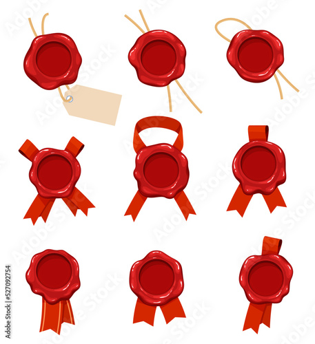 Set of red wax seals with ribbons and ropes. Vector illustration
