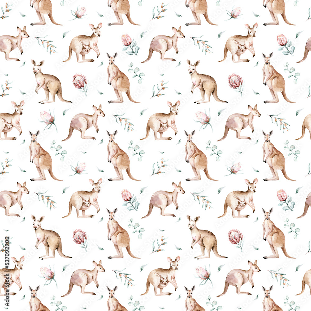 Watercolor australian cartoon kangaroo seamless pattern. Australian kangaroos set kids illustration. Nursery wallpaper art Watercolor australian cartoon kangaroo seamless pattern. Australian kangaroos set kids illustration. Nursery wallpaper art