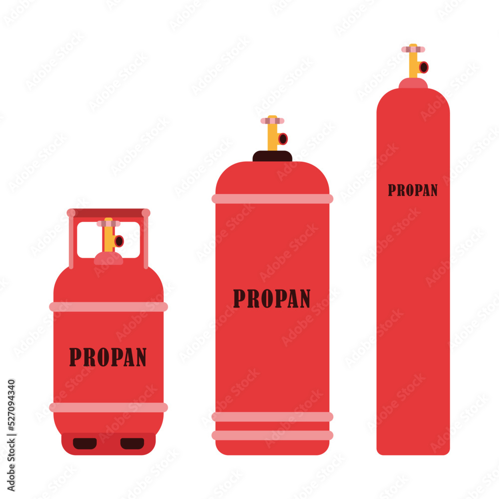 Propan cylinders with high pressure and valves. Propane cylinders dangerous, explosive. Metal tanks with industrial liquefied compressed oxygen, oil, petroleum, LPG propane gas containers bottles set