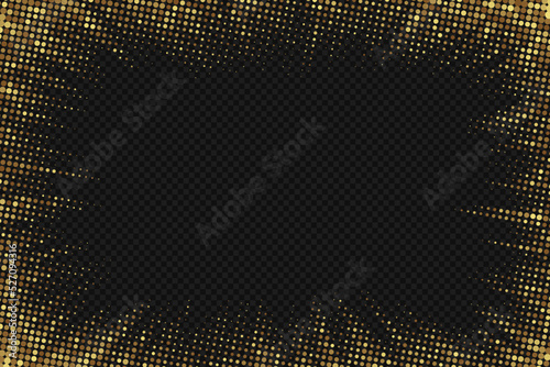 Gold frame. Halftone golden border. Pop art dot. Attention pattern. Faded dark texture. Gold line isolated on transparent background. Concentration lines design. Edge dots zoom. Vector illustration