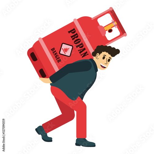 Man smiles and carries a new propane tank. Global gas crisis in the world. Each person buys his own gas cylinders vector. Metal tank with industrial liquefied compressed oxygen, oil, petroleum, LPG