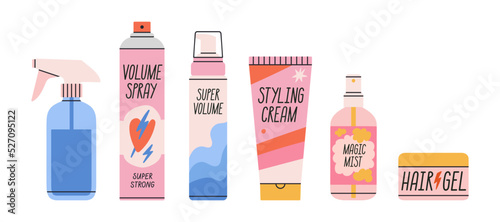 Banner with hair styling products. Illustration with different bottles and tubes - mist, spray, foam, cream etc. Hair care in salon or at home concept. Vector illustration. photo