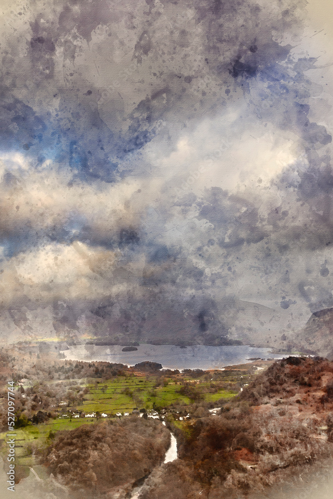 Digital watercolour painting of Stunning landscape image of the view from Castle Crag towards Derwentwater, Keswick, Skiddaw, Blencathra and Walla Crag in the Lake District