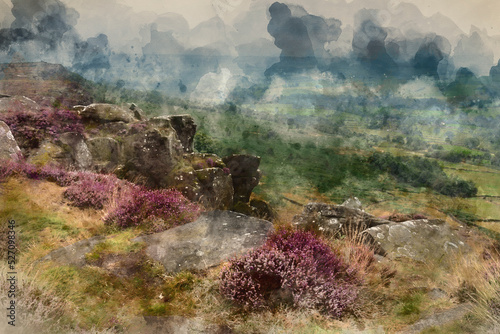 Digital watercolour painting of Beautiful landscape image of late Summer vibrant heather at Curbar Edge in Peak District National Park in England