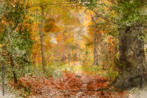 Digital watercolour painting of Stunning Autumnal landscape image of woodlands around Derwentwater in Lake District