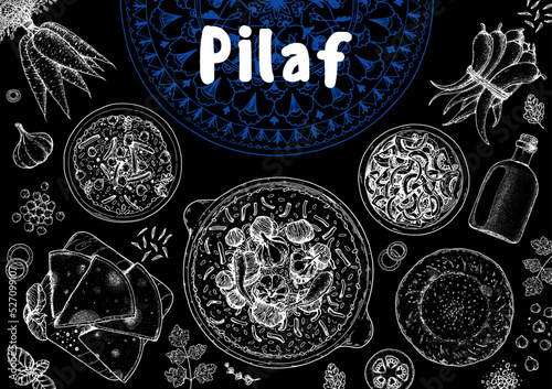 Pilaf cooking and ingredients for pilaf, sketch illustration. Middle eastern cuisine frame. Uzbek food, design elements. Hand drawn, package design. Arabic food