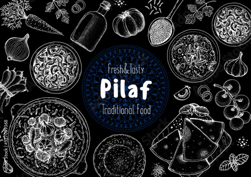 Pilaf cooking and ingredients for pilaf, sketch illustration. Middle eastern cuisine frame. Uzbek food, design elements. Hand drawn, package design. Arabic food
