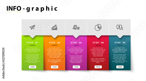 Vector infographic design and marketing icons. Can be used to create workflows, schedules, annual reports, web design. Business concept with 5 variants, steps or processes, colored, triangles, squares