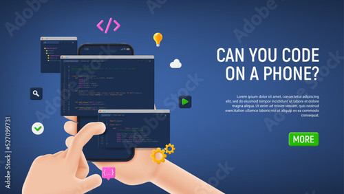 Concept of programming or developing software or game on phone. Vector 3d illustration with coding symbols, programming windows and phone in hands. Concept of coding and computer engineering.