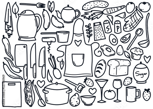 A package of kitchen objects in a cute cartoon style. Home furnishings, objects and products. Black outlines isolated on white background.
