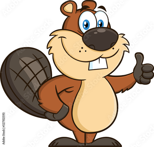 Beaver Cartoon Mascot Character Giving A Thumb Up. Vector Hand Drawn Illustration Isolated On Transparent Background