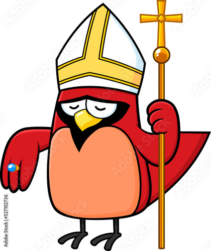 Red Cardinal Bird Cartoon Character Holds A Wand With Cross. Vector Hand Drawn Illustration Isolated On Transparent Background