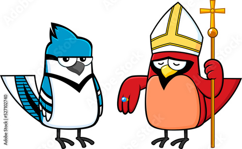 Blue Jay Bird And Red Cardinal Bird Cartoon Characters. Vector Hand Drawn Illustration Isolated On Transparent Background