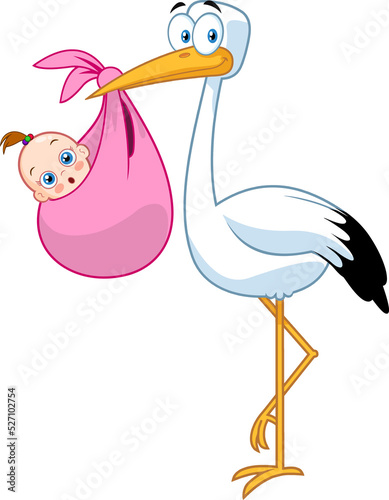Stork Delivering A Newborn Baby Girl. Vector Hand Drawn Illustration Isolated On Transparent Background