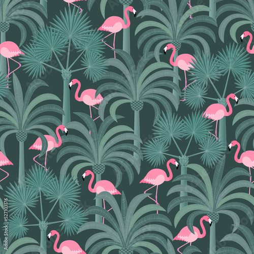 Seamless art deco wallpaper background of pink flamingos in a lush tropical palm grove