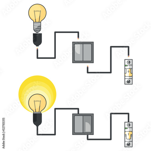 An image of an electrical circuit with a light bulb connected through a switch from an electric packet. Vector illustration of connected and disconnected system. Separate images.