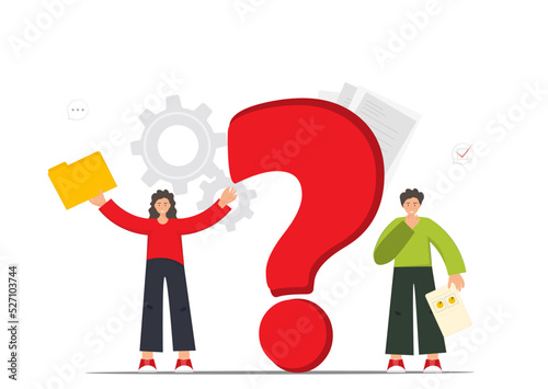 Young man and woman confused with some question needed to be decided, working process concept, decision making concept, flat vector illustration