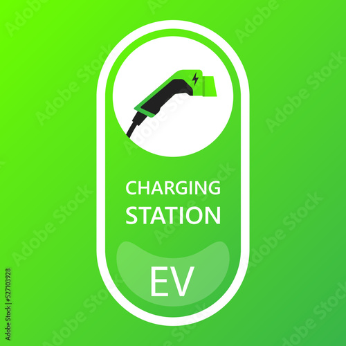 Green eco electric fuel pump icon, Charging point station for hybrid vehicles cars sign